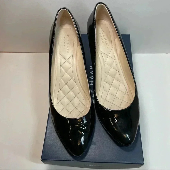 Cole Haan Tali Luxe Stacked Wedge Black Patent Leather Slip On Shoes Womens 7B - Picture 2 of 9